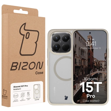 Etui z pierścieniem magnetycznym Bizon Case MatteO do Xiaomi 15T Pro, przydymione-beżowe