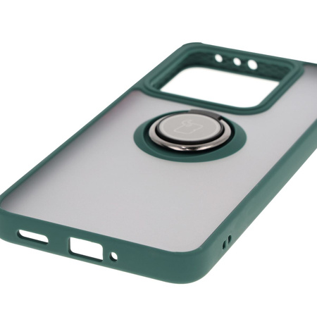Etui z uchwytem na palec Bizon Case Hybrid Ring do Xiaomi 14T, przydymione z ciemnozieloną ramką