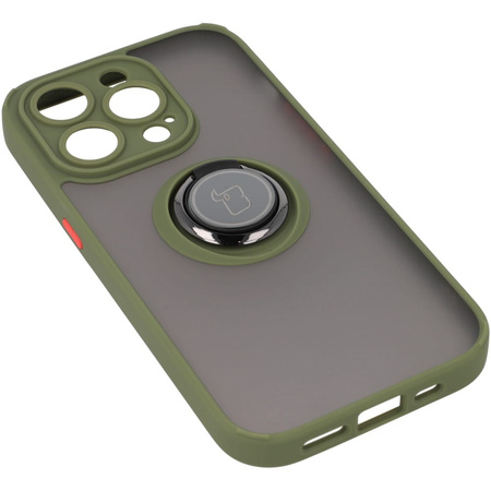 Etui z uchwytem na palec Bizon Case Hybrid Ring do iPhone 14 Pro, przydymione z zieloną ramką