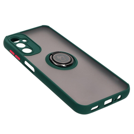 Etui z uchwytem na palec Bizon Case Hybrid Ring do Galaxy A14 4G / 5G, przydymione z ciemnozieloną ramką