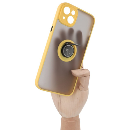 Etui z uchwytem na palec Bizon Case Hybrid Ring do iPhone 14 Plus, przydymione z żółtą ramką