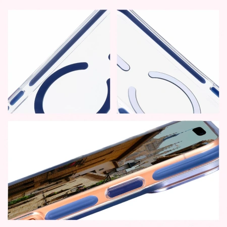 Etui z pierścieniem magnetycznym Bizon Case Marco do iPhone 17 Pro Max, przezroczyste z niebieską ramką