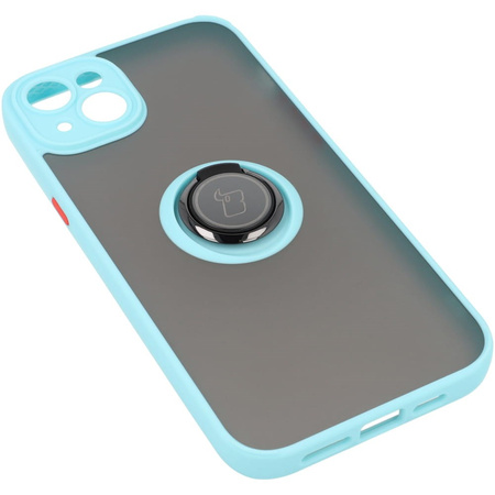Etui z uchwytem na palec Bizon Case Hybrid Ring do iPhone 14 Plus, przydymione z jasnoniebieską ramką