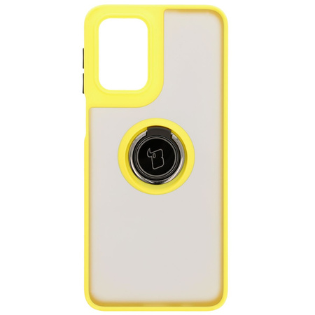 Etui z uchwytem na palec Bizon Case Hybrid Ring do Motorola Moto G55 5G, przydymione z żółtą ramką