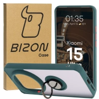 Etui z uchwytem na palec Bizon Case Hybrid Ring do Xiaomi 15 Ultra, przydymione z ciemnozieloną ramką