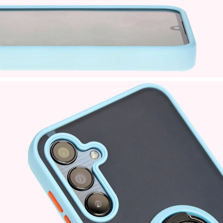 Etui z uchwytem na palec Bizon Case Hybrid Ring do Galaxy M15 5G, przydymione z jasnoniebieską ramką