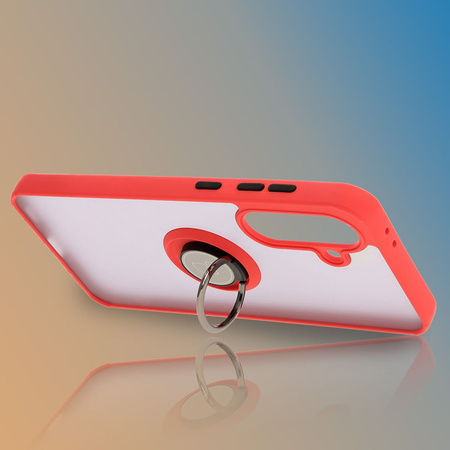 Etui z uchwytem na palec Bizon Case Hybrid Ring do Galaxy A36 5G / A56 5G, przydymione z czerwoną ramką