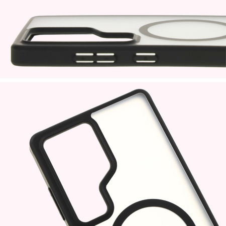 Etui z pierścieniem magnetycznym Bizon Case MatteO do Galaxy S25 Ultra, półprzezroczyste z czarną ramką