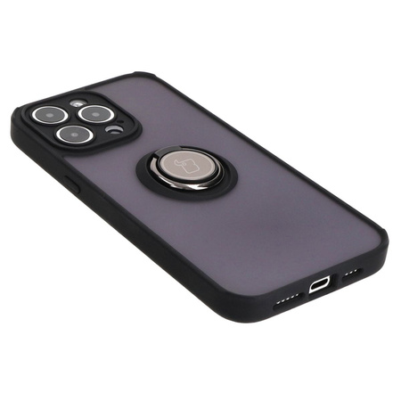 Etui z uchwytem na palec Bizon Case Hybrid Ring do iPhone 15 Pro Max, przydymione z czarną ramką