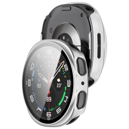 Etui ze szkłem do zegarka Bizon Case+Glass Watch do Samsung Galaxy Watch 8 44 mm, srebrne