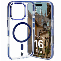 Etui z pierścieniem magnetycznym Bizon Case Marco do iPhone 16 Pro, przezroczyste z niebieską ramką