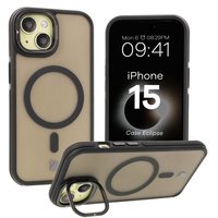 Etui z podstawką i pierścieniem magnetycznym Bizon Case Eclipse do iPhone 15, przydymione z czarną ramką