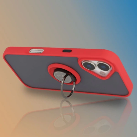 Etui z uchwytem na palec Bizon Case Hybrid Ring do iPhone 17, przydymione z czerwoną ramką