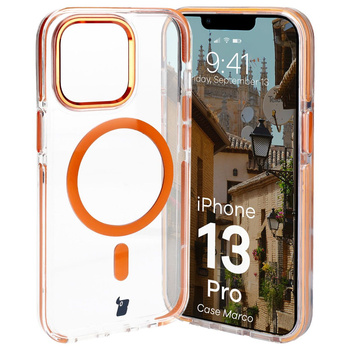 Etui z pierścieniem magnetycznym Bizon Case Marco do iPhone 13 Pro, przezroczyste z pomarańczową ramką