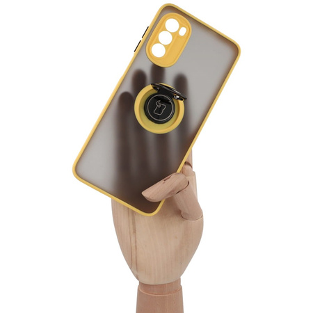Etui z uchwytem na palec Bizon Case Hybrid Ring do Motorola Moto G52 / G82, przydymione z żółtą ramką