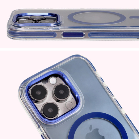 Etui z pierścieniem magnetycznym Bizon Case Marco do iPhone 15 Pro, przezroczyste z niebieską ramką
