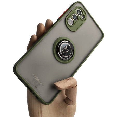 Etui z uchwytem na palec Bizon Case Hybrid Ring do Motorola Moto G52 / G82, przydymione z zieloną ramką