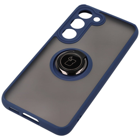Etui z uchwytem na palec Bizon Case Hybrid Ring do Galaxy S23, przydymione z granatową ramką