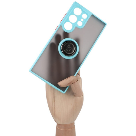 Etui z uchwytem na palec Bizon Case Hybrid Ring do Galaxy S23 Ultra, przydymione z jasnoniebieską ramką