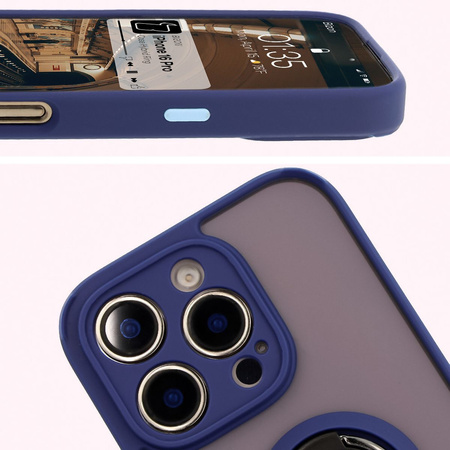 Etui z uchwytem na palec Bizon Case Hybrid Ring do iPhone 16 Pro, przydymione z granatową ramką