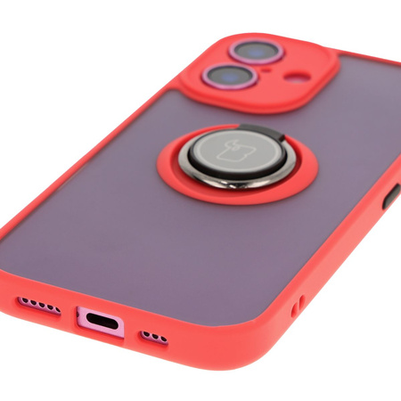Etui z uchwytem na palec Bizon Case Hybrid Ring do iPhone 16, przydymione z czerwoną ramką