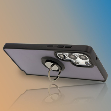 Etui z uchwytem na palec Bizon Case Hybrid Ring do Galaxy S25 Ultra, przydymione z czarną ramką