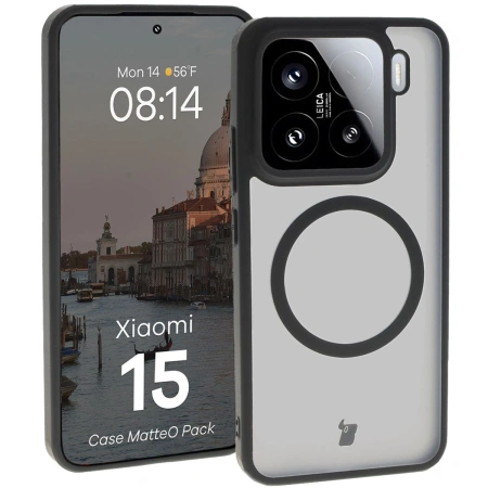 Etui z pierścieniem magnetycznym + szkło hartowane Bizon MatteO Pack do Xiaomi 15, przydymione-czarne