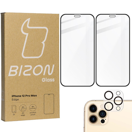 Szkło hartowane Bizon Glass Edge CF - 2 sztuki + ochrona na obiektyw, iPhone 12 Pro Max, czarne