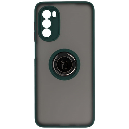 Etui z uchwytem na palec Bizon Case Hybrid Ring do Motorola Moto G52 / G82, przydymione z ciemnozieloną ramką
