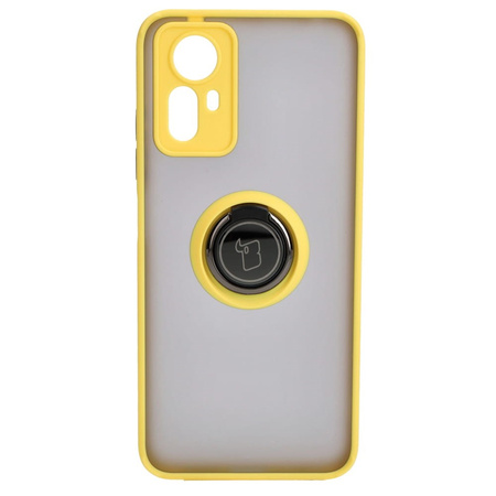 Etui z uchwytem na palec Bizon Case Hybrid Ring do Xiaomi Redmi Note 12S, przydymione z żółtą ramką