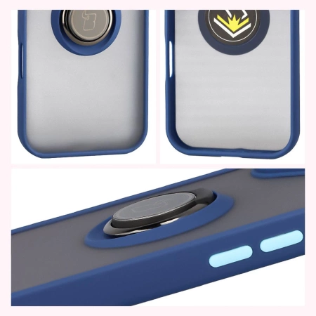 Etui z uchwytem na palec Bizon Case Hybrid Ring do iPhone 17, przydymione z granatową ramką