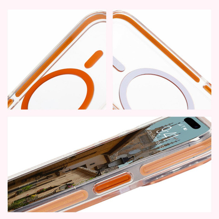 Etui z pierścieniem magnetycznym Bizon Case Marco do iPhone 15 Pro, przezroczyste z pomarańczową ramką