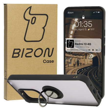 Etui z uchwytem na palec Bizon Case Hybrid Ring do Xiaomi Redmi 13 4G, przydymione z czarną ramką