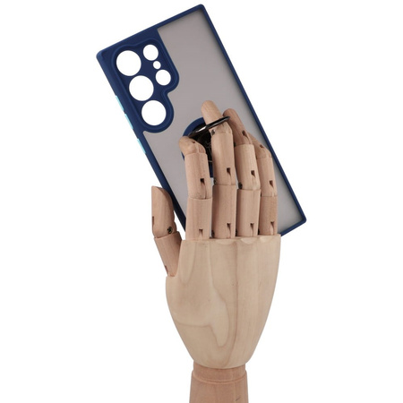 Etui z uchwytem na palec Bizon Case Hybrid Ring do Galaxy S23 Ultra, przydymione z granatową ramką