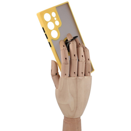 Etui z uchwytem na palec Bizon Case Hybrid Ring do Galaxy S23 Ultra, przydymione z żółtą ramką