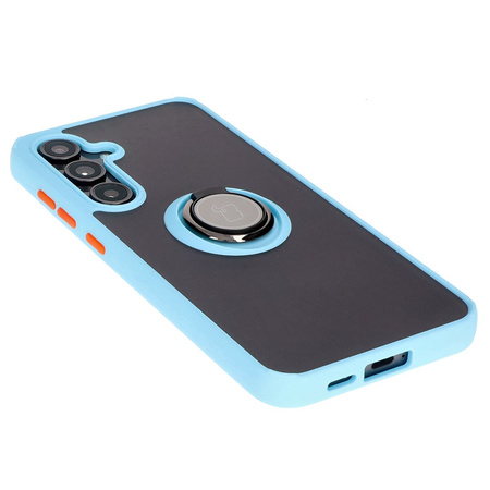 Etui z uchwytem na palec Bizon Case Hybrid Ring do Galaxy S24 FE, przydymione z jasnoniebieską ramką