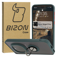 Etui z uchwytem na palec Bizon Case Hybrid Ring do Honor Magic7 Pro, przydymione z ciemnozieloną ramką