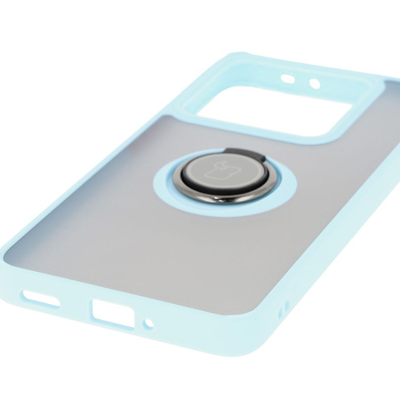 Etui z uchwytem na palec Bizon Case Hybrid Ring do Xiaomi 14T Pro, przydymione z jasnoniebieską ramką