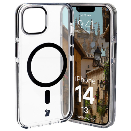 Etui z pierścieniem magnetycznym Bizon Case Marco do iPhone 14 / iPhone 13, przezroczyste z czarną ramką