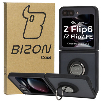 Etui z uchwytem na palec Bizon Case Hybrid Ring do Galaxy Z Flip6, przydymione z czarną ramką