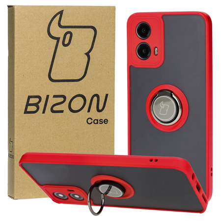 Etui z uchwytem na palec Bizon Case Hybrid Ring do Motorola Moto G34 5G, przydymione z czerwoną ramką