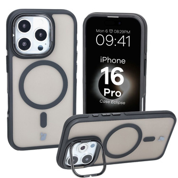 Etui z podstawką i pierścieniem magnetycznym Bizon Case Eclipse do iPhone 16 Pro, przydymione z czarną ramką