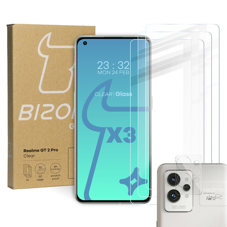 3x Szkło hartowane + szybka na aparat Bizon Glass Clear Pack do Realme GT 2 Pro