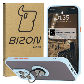 Etui z uchwytem na palec Bizon Case Hybrid Ring do iPhone 16 Pro Max, przydymione z jasnoniebieską ramką