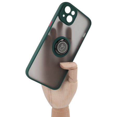Etui z uchwytem na palec Bizon Case Hybrid Ring do iPhone 14 Plus, przydymione z ciemnozieloną ramką