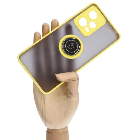 Etui z uchwytem na palec Bizon Case Hybrid Ring do Xiaomi Redmi Note 12 Pro 5G, przydymione z żółtą ramką