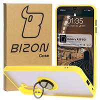Etui z uchwytem na palec Bizon Case Hybrid Ring do Galaxy A26 5G, przydymione z żółtą ramką