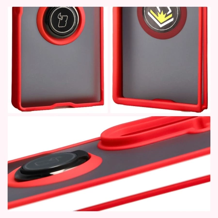 Etui z uchwytem na palec Bizon Case Hybrid Ring do Galaxy Z Fold7, przydymione z czerwoną ramką