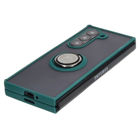 Etui z uchwytem na palec Bizon Case Hybrid Ring do Galaxy Z Fold6, przydymione z ciemnozieloną ramką