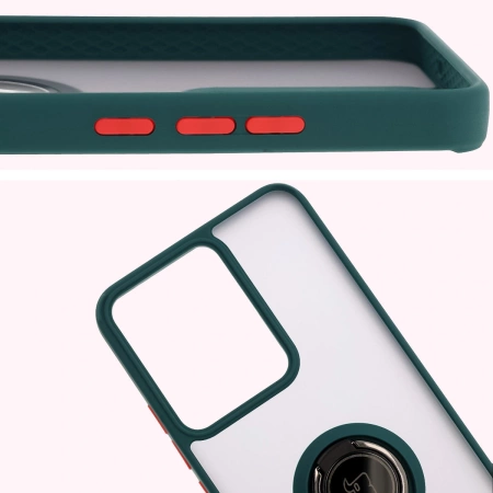 Etui z uchwytem na palec Bizon Case Hybrid Ring do Realme 14 5G / 14T 5G, przydymione z ciemnozieloną ramką